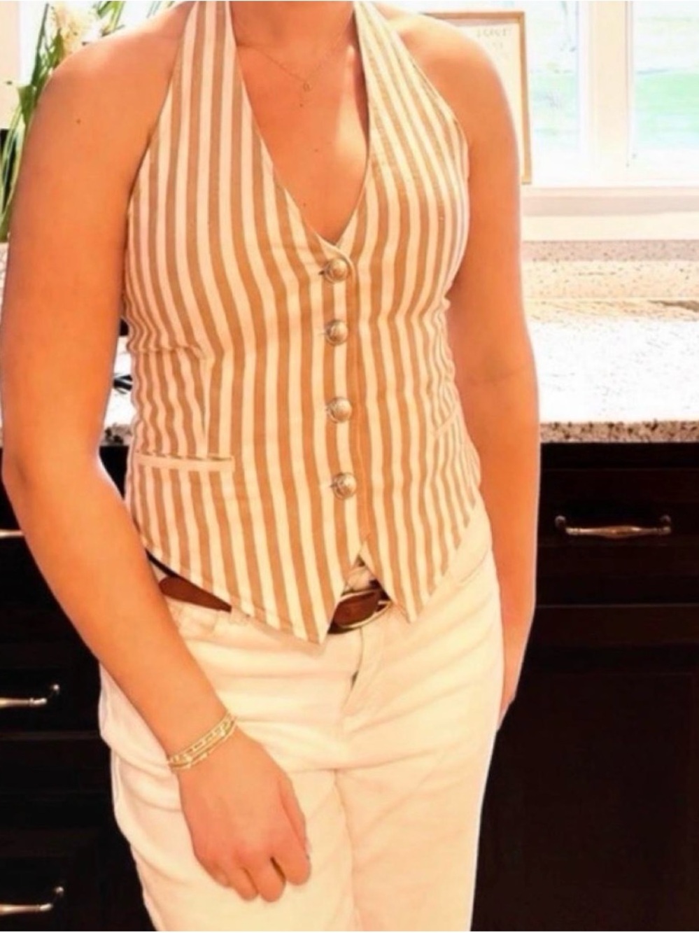 rag & bone Beige and White Striped Halter Button-Front Vest